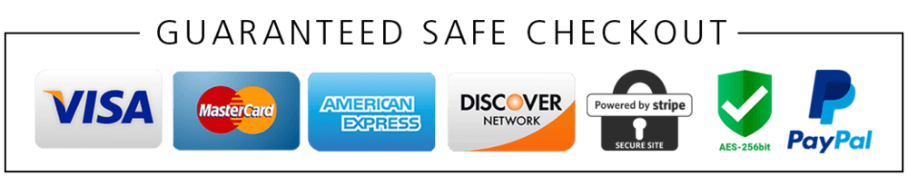 Guaranteed safe checkout — Visa, Mastercard, American Express, Discover, Stripe, 256-bit security and PayPal